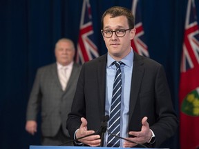 Ontario Minister of Labour, Training and Skills Development Monte McNaughton answers questions at the daily briefing at Queen's Park in Toronto in a file photo from April 2020.