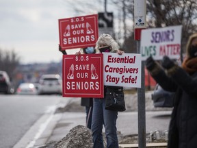 People demonstrate in support of the well-being of long-term care home residents outside of  Kennedy Lodge Long Term Care Home in the Scarborogh area in Toronto, Ont.  on Saturday February 27, 2021. Ernest Doroszuk/Toronto Sun/Postmedia