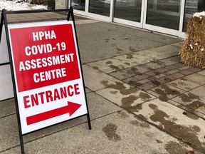 A sign promotes the Huron Perth Healthcare Alliance COVID-19 assessment centre. Handout