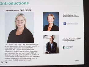 The introduction of presenters and guests slide, early in an Ontario Long-term Care Association online media conference. Photo on Tuesday, March 16, 2021, in Cornwall, Ont. Todd Hambleton/Cornwall Standard-Freeholder/Postmedia Network