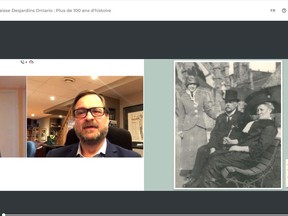 A screen capture of a presentation by Stéphane Trottier, the president of the Desjardins credit union, and historian Pierre-Olivier Maheux, who wrote the book Caisse Desjardins Ontario: Plus de 100 ans d'histoire, on Thursday, March 18, 2021. Handout/Cornwall Standard-Freeholder/Postmedia Network

Handout Not For Resale