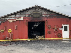 Johnson's Antiques, located on the outskirts of Cornwall, went up in flames in the early hours of Wednesday morning. According to South Stormont fire Chief Gilles Crepeau, 30 firefighters with a total of nine trucks responded to the fire at 2:30 a.m. "There is a lot of damage and the roof partially collapsed," he said. "We managed to get the fire under control at around 7 a.m. But the fire was partially ahead when we got here." Firefighters from three stations -- Long Sault, St. Andrews and Newington -- responded to calls for service. The cause of the fire is still unknown. The matter has been forwarded to the Ontario Fire Marshal for investigation. Photo taken on Wednesday March 24, 2021 in Cornwall, Ont. Francis Racine/Cornwall Standard-Freeholder/Postmedia Network