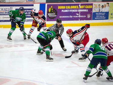 Cornwall Colts and Hawkesbury Hawks forwards line up for a faceoff during a developmental scrimmage game on Friday February 26, 2021 in Cornwall, Ont. Hawkesbury won 5-4 in OT. Robert Lefebvre/Special to the Cornwall Standard-Freeholder/Postmedia Network