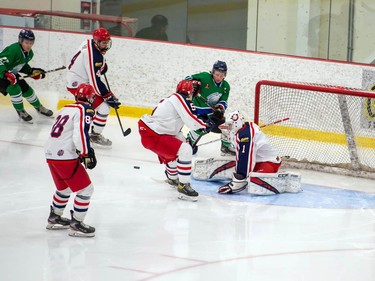 Cornwall Colts goaltender Dax Easter keeps an eye on a Hawkesbury Hawks rebound during a developmental scrimmage game on Friday February 26, 2021 in Cornwall, Ont. Hawkesbury won 5-4 in OT. Robert Lefebvre/Special to the Cornwall Standard-Freeholder/Postmedia Network