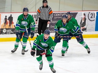 Hawkesbury Hawks Holden Doggett leads his line in celebration after his opening goal against the Cornwall Colts during a developmental scrimmage game on Friday February 26, 2021 in Cornwall, Ont. Hawkesbury won 5-4 in OT. Robert Lefebvre/Special to the Cornwall Standard-Freeholder/Postmedia Network