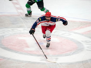 Cornwall Colts Jake Rozzie hustles towards the puck during play against the Hawkesbury Hawks on Friday March 5, 2021 in Cornwall, Ont. The Hawks won 4-2. Robert Lefebvre/Special to the Cornwall Standard-Freeholder/Postmedia Network