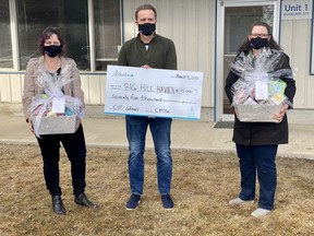 Big Hill Haven’s Tara McFadden (left) and Valerie Gilmore (right) join local MLA Peter Guthrie in front of his Cochrane office March 4 to commemorate a grant contribution to the non-profit from the provincial government. Patrick Gibson/Cochrane Times