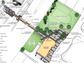 A working diagram of the landscaping layout of the new Railway Street municipal building, still subject to change. Town of Cochrane YouTube