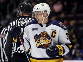 Erie Otters captain Jack Duff plays against the Sarnia Sting at Progressive Auto Sales Arena in Sarnia, Ont., on Jan. 17, 2020. (Mark Malone/Chatham Daily News/Postmedia Network)