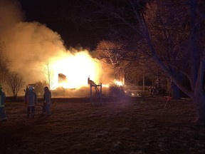 Chatham-Kent firefighters battle a blaze at 20408 Base Rd. in Blenheim, Ont., on Sunday, March 28, 2021. (Photo courtesy of Chatham-Kent Fire & Emergency Services)