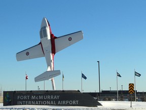 A mounted Canadair CT-114 Tutor outside the Fort McMurray International Airport on Sunday, January 26, 2020. Vincent McDermott/Fort McMurray Today/Postmedia Network ORG XMIT: POS2001261822521515 ORG XMIT: POS2001281716406632 ORG XMIT: POS2008281515397871 ORG XMIT: POS2009291837120320