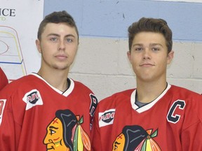 Brett Denny (left) and Luken Van Pelt, two of four possible overage hockey players (born in 1999) with the Mitchell Hawks of the PJHL Pollock division, are hoping to have their request granted to play one final season in 2021-22 after missing this past year. ANDY BADER/MITCHELL ADVOCATE