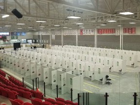 The setup of the COVID-19 mass immunization Hockey Hub at the P&H Centre in Hanover.