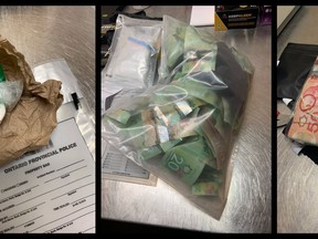 Cocaine and cash seized from a vehicle on Highway 401 by Ontario Provincial Police on Friday, Feb. 26.