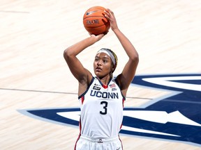 Aaliyah Edwards of Kingston, a freshman for the University of Connecticut Huskies, plays during a recent NCAA game in the 2020-21 season.