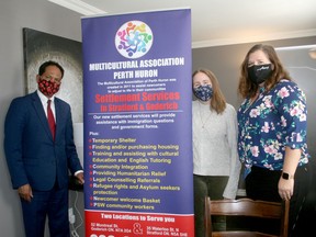 The Multicultural Association of Perth Huron is continuing its work through the pandemic. Pictured at a recent meeting in Exeter are, from left, president and founder Dr. Geza Wordofa and volunteers Tanis VanderMolen and Leah Vanderlaan. Scott Nixon