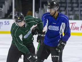 Logan Mailloux, left, concentrates on his stick handling while London Knights teammate Bryce Montgomery watches. Mailloux has returned from Sweden, where he played with a third division team while the Knights and the rest of the OHL teams were sidelined by the pandemic, so he will ready to go if and when a shortened OHL season gets underway. (File photo)