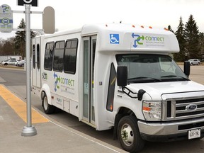 A PC Connect bus is stopped at the Stratford transit terminal recently. (Galen Simmons/Beacon Herald)