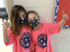 Photo supplied
Grade 3 students Tina Aelick and Zoe Palin celebrate Pink Shirt Day at Our Lady of Lourdes French Immersion Catholic School.