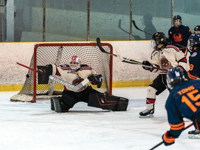 Photo courtesy NOJHL 
Soo Thunderbirds defenceman Connor Toms fires a shot at Blind River netminder Gavin Disano, a Sault native, in recent NOJHL action. The teams are slated to meet again on Tuesday at John Rhodes Community Centre.