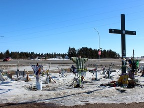 The Ministry of Highways has removed many of the trees at the southeast corner of Hwys 35 and 335, leaving the home on the southeast corner to look directly at the memorial of the Humboldt Bronco's bus crash on April 6, 2018. Photo Susan McNeil.