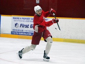 Pembroke Lumber Kings's forward Jack Stockfish takes a shot during practice at the PACC Feb. 23. He got the Kings on the board Sunday night, but the Kings fell 6-2 against the Carleton Place Canadians in the second of their scheduled four-scrimmage series.