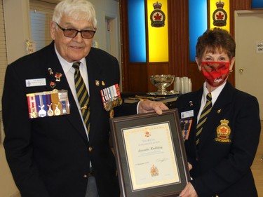 Royal Canadian Legion Branch 72 executive member Laurette Halliday was recently honoured with a life membership. Making the presentation was Honours and Awards Chairman Bob Handspiker. Anthony Dixon