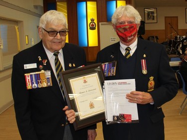 Royal Canadian Legion Branch 72 2nd Vice-President Romeo Levasseur was recently honoured with a life membership. Making the presentation was Honours and Awards Chairman Bob Handspiker. Anthony Dixon