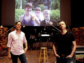 Composer Jake Heggie and baritone Joshua Hopkins (foreground) on the scoring stage of Skywalker Sound with an image of Joshua's sister Nathalie Warmerdam and her two children Valerie and Adrian (background).