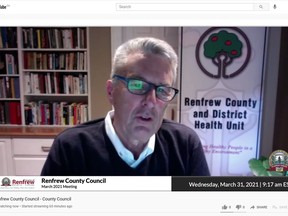 Dr. Robert Cushman, acting medical officer of health for the Renfrew County and District Health Unit, provided an update on the COVID-19 situation in Renfrew County and disitrict when he appeared as a delegation at Renfrew County council Wednesday morning.