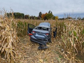 The driver of this Toyota Corolla was seriously injured in a collision with an Audi S4 that had been pursued by Strathroy-Caradoc police on Oct. 14, 2020. Supplied