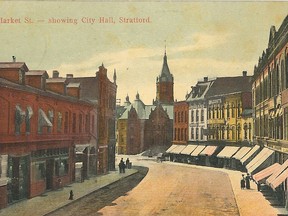 A postcard showing Market Street in Stratford. (Stratford-Perth Archives)