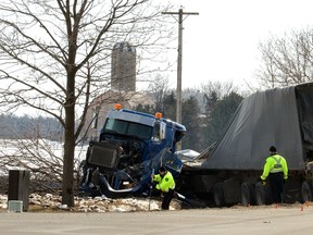 The driver of a minivan that collided with a tractor trailer (pictured) at the intersection of Perth Road 113 and Perth Line 29 early Monday morning has died in hospital, Stratford police say. (Galen Simmons/The Beacon Herald)