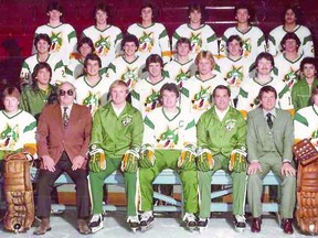 Capt. Rob Mazzuca, in the first row of this 1981-1982 Sudbury Wolves team photo. Mazzuca played three full seasons in the Ontario Hockey League with the Wolves before joining the Soo Greyhounds as an overage defenceman. He has been the commissioner of the Northern Ontario Jr. Hockey League since 2011.