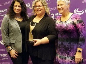 Last year's ATHENA Leadership Award recipient, La-Na-Fragomeni (centre) is pictured with her nominators for the award, Sherry Berlinghoff (left) and Michelle Cecchini (right) at the Sault Ste. Marie Chamber of Commerce Women In Business breakfast on March 6th, 2020