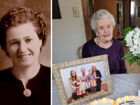Stony Plain resident Irene Hinkel celebrated her 100th birthday on March 1 (right). She is pictured at age 29 after she moved to Canada from Poland in 1948 (left).