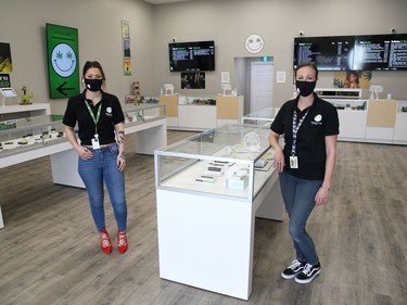 Employee Desiree Miller, left, and manager Jessica Stoodley, of Happy Life, stand in the showroom located at 1021 the Kingsway in Sudbury, Ont. The new business sells wholesale cannabis products. John Lappa/Sudbury Star/Postmedia Network
