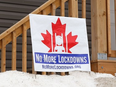 A sign located on Howey Drive in Sudbury, Ont. on Tuesday March 2, 2021, calls for no more lockdowns. John Lappa/Sudbury Star/Postmedia Network