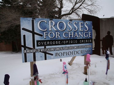 Crosses for Change site located at Brady Street and Paris Street in Sudbury, Ont. Each white cross is named for an individual lost to a drug overdose. John Lappa/Sudbury Star/Postmedia Network