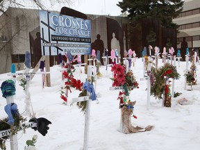 Crosses for Change site located at Brady Street and Paris Street in Sudbury, Ont. Each white cross is named for an individual lost to a drug overdose. John Lappa/Sudbury Star/Postmedia Network
