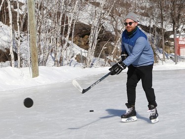 Shane Keegan, who recently moved to Canada from Ireland, has spent about two months learning to skate and play hockey while in Sudbury, Ont. He's been working on his skating and hockey skills by visiting different outdoor rinks, including Eyre Playground on Thursday March 4, 2021. John Lappa/Sudbury Star/Postmedia Network