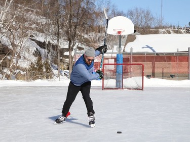 Shane Keegan, who recently moved to Canada from Ireland, has spent about two months learning to skate and play hockey while in Sudbury, Ont. He's been working on his skating and hockey skills by visiting different outdoor rinks, including Eyre Playground on Thursday March 4, 2021. John Lappa/Sudbury Star/Postmedia Network