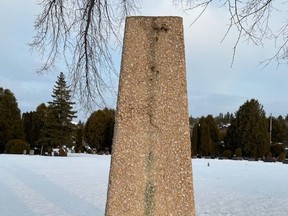 The bronze sword affixed to the Veteran's War Memorial at Park Lawn Cemetery in Sudbury has been stolen. Supplied