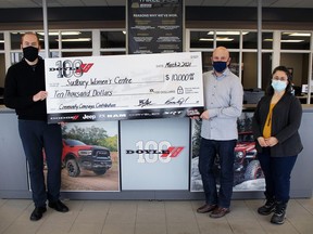 Doyle Dodge Chrysler Jeep Ram Cheque presentation, from the left, are Brian and Blake Doyle, and SWC executive director Giulia Carpenter. Supplied