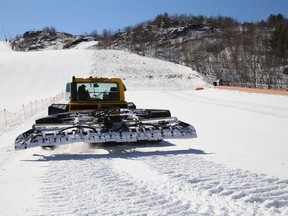 A groomer maintains the slopes at Adanac Ski Hill in Sudbury, Ont. on Monday March 15, 2021. Adanac remains open with enhanced COVID-19 guidelines in place. Updates on conditions will be posted on the city's website and social media channels. For more information, visit www.greatersudbury.ca/play/ski-hills. John Lappa/Sudbury Star/Postmedia Network