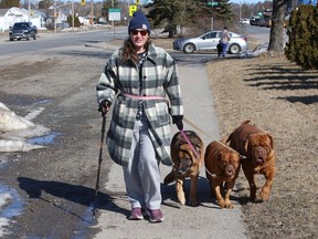 Amber Chenier takes her dogs, Dalia, Sadie and Carl for a walk in Lively, Ont. on Friday March 19, 2021. John Lappa/Sudbury Star/Postmedia Network
