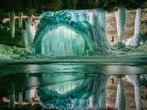 Here is what photographer Peter Baumgarten saw on a wintry evening, alone at Bridal Veil Falls, with two LED lights, his camera, and his imagination. Peter Baumgarten