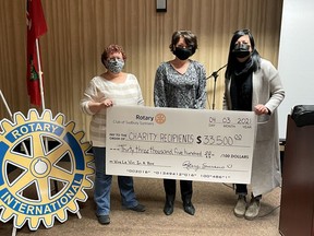From the left are Barb Roy, Luann Belfry and Julie DeSimone of the Rotary Club of Sudbury Sunrisers, which raised $33,500 during its Vive le Vin fundraiser. Supplied