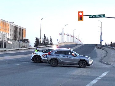 Greater Sudbury Police blocked access to the Bridge of Nations on Sunday evening out of concern for a person in distress. Jim Moodie/Sudbury Star