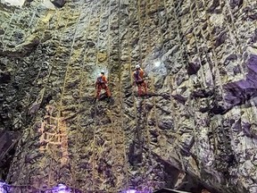 Stacked Group Inc. owners Aaron Lambert and Steve Doucette complete the rock wall inspection and scaling of the Vale Chasm at Dynamic Earth. Stacked Group Inc. is Sudbury's newest mining contractor. Recognizing the facility as a place where families and tourists can go to learn about Sudbury's mining culture, history and get a 'real feel' for what life underground looks like for thousands of miners in the Sudbury area, Stacked Group Inc. felt it was important to share their services to help provide a safe visitor experience. Both the Lambert and Doucette families have enjoyed the activities at Dynamic Earth and the Stacked Group Inc. owners were excited to have the opportunity to be a part of the history of one of Sudbury's mining landmarks. Supplied photo